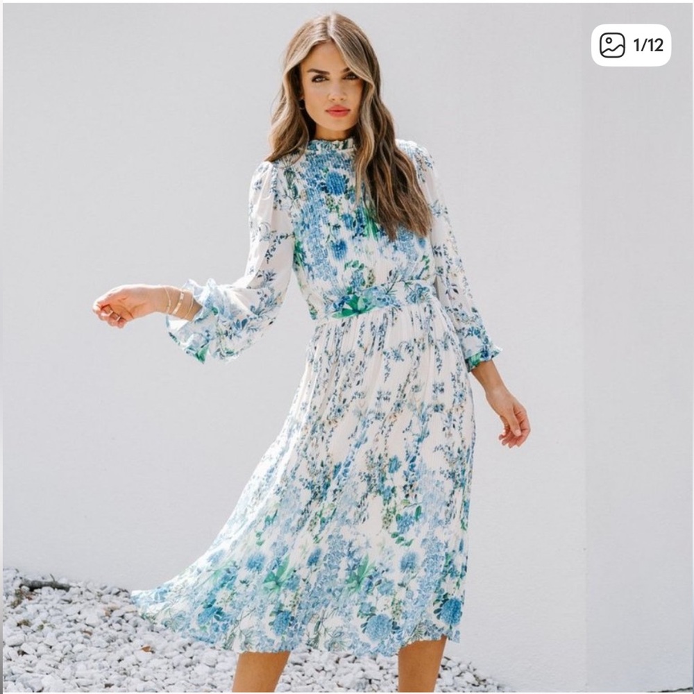Vici White and Blue Floral Midi Dress